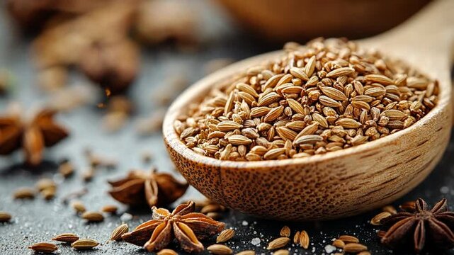 Wooden Spoon Full of Spices, Star Anise, Dark Background