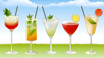 Five summer cocktails on grass, blue sky background; menu design