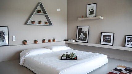 Minimalist bedroom with geometric decor, low white bed, simple wall shelving with small potted succulents, and framed black and white photography.