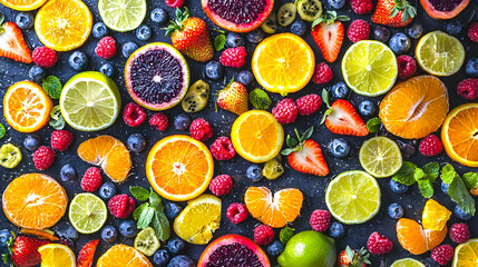 Colorful fruit and berry flatlay, healthy food concept, dark background, food blog use