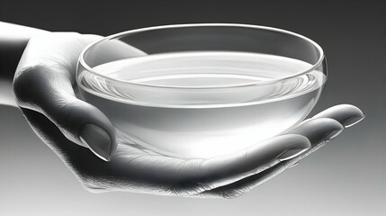 Hand holding water bowl, grey background, purity concept, website banner