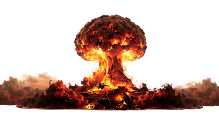 Big nuclear explosions with ominous mushroom cloud isolated on transparent white background. Nuclear bomb explosion. PNG format, allowing for easy integration into various design projects