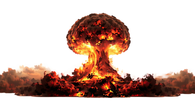 Big nuclear explosions with ominous mushroom cloud isolated on transparent white background. Nuclear bomb explosion. PNG format, allowing for easy integration into various design projects