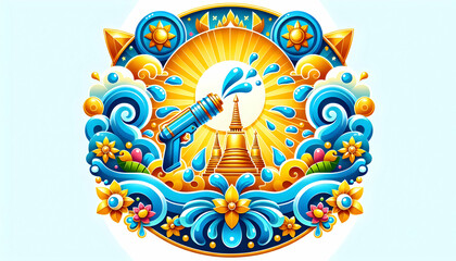 Fototapeta premium Songkran A cheerful and symbolic Songkran festival design featuring a blue water splash at the center of a ci1