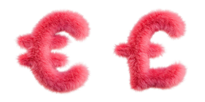 Pink Fur Euro and Funt Sterling signs. Isolated on transparent background