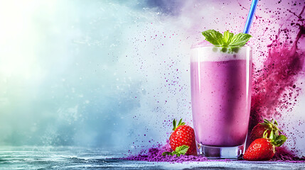 Refreshing strawberry smoothie, summer drink, pastel background, healthy food