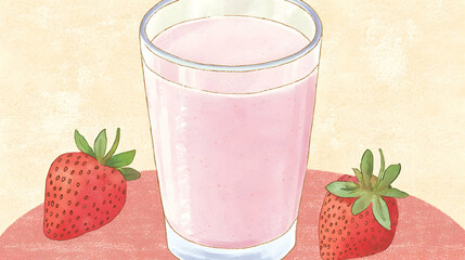 Strawberry smoothie glass, fresh fruit, pink background, healthy breakfast