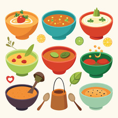 Colorful Variety of Soups in Bowls, Perfect for Food Blog or Cookbook