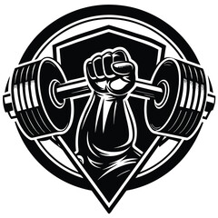 Obraz premium Vintage fitness logotype with strong man hand holding fiery dumbbell