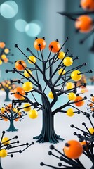 Futuristic abstract tree with glowing orange and yellow spheres, black metallic branches, and a modern scientific aesthetic, symbolizing innovation, technology, and artificial intelligence



