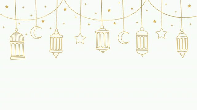animated Ramadan Kareem eastern lanterns. ornamental hanging gold lanterns, stars and moon vector illustration.