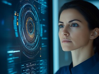 A woman examining a digital interface with complex circular data
