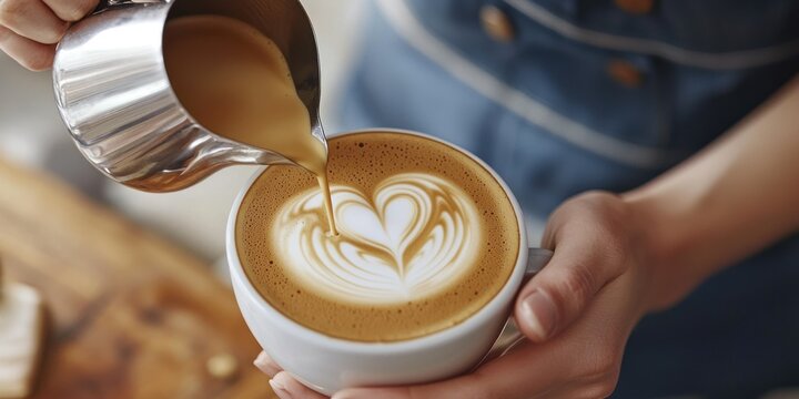 A barista carefully pouring coffee into a cup, creating a beautiful heart-shaped latte art