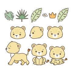 Set of Female Lion Collection Vector, Hand Drawn Lion Cartoon Animals for Kids, Minimal Lion Line Art Doodle in Different Pose.