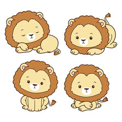 Set of Lion Collection Vector, Hand Drawn Lion Cartoon Animals for Kids, Minimal Lion Line Art Doodle in Different Pose. 004