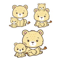Set of Lion Mother Collection Vector, Hand Drawn Lion and Lion Cub Cartoon, Minimal Lion Baby Line Art Doodle in Different Pose.