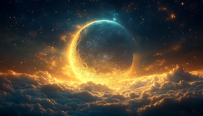 A luminous planet hovers above a golden cloud covered landscape