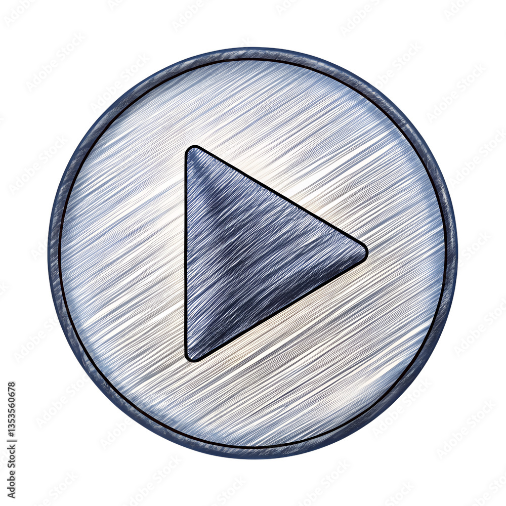 Poster artistic play button icon design in circular frame with brushed metal texture isolated on white or t