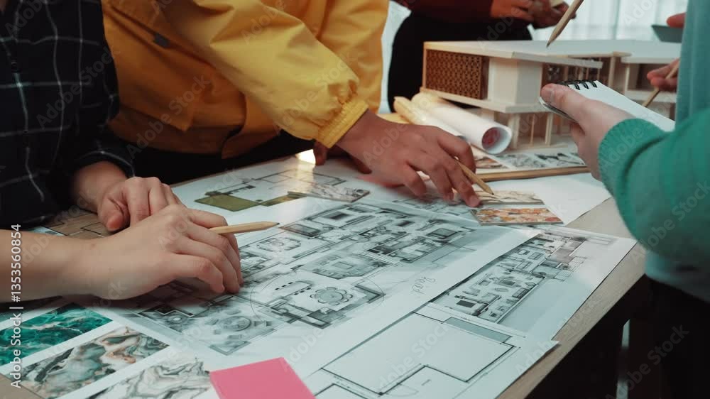 Aufkleber a diverse team of architects and designers work together on innovative concepts, discussing and sket