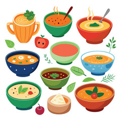 Colorful Variety of Soups in Bowls, Perfect for Food Blog or Cookbook