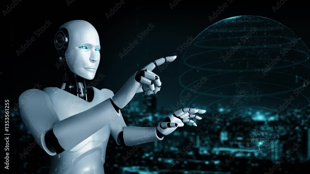 Poster futuristic robot artificial intelligence huminoid ai for industrial factory technology development a