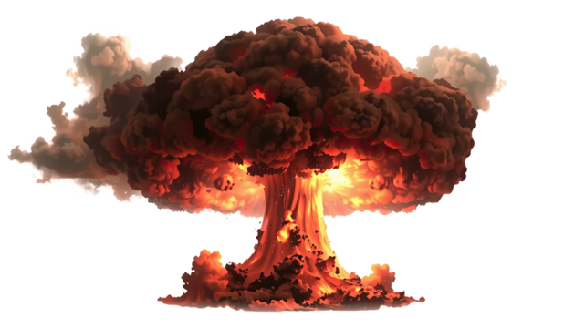 Big nuclear explosions with ominous mushroom cloud isolated on transparent white background. Nuclear bomb explosion. PNG format, allowing for easy integration into various design projects