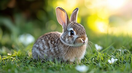 Fototapeta premium Adorable baby bunny rabbit sitting in green grass, sunlight.