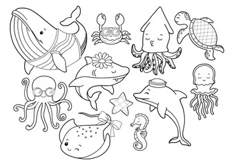 Set of Groovy Sea Animal Collection Vector, Hand Drawn Octopus Squid Whale Stingray Seahorse Jellyfish Dolphin Turtle Shark Outline Coloring Page or Book Animals for Kids.