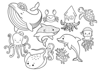 Set of Groovy Sea Animal Collection Vector, Hand Drawn Octopus Squid Whale Stingray Seahorse Jellyfish Dolphin Turtle Shark Outline Coloring Page or Book Animals for Kids.