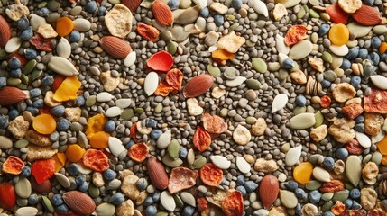 A vibrant assortment of seeds, nuts, and dried fruits scattered on a textured surface, captured in natural light