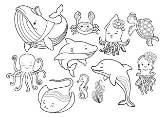 Set of Groovy Sea Animal Collection Vector, Hand Drawn Octopus Squid Whale Stingray Seahorse Jellyfish Dolphin Turtle Shark Outline Coloring Page or Book Animals for Kids.