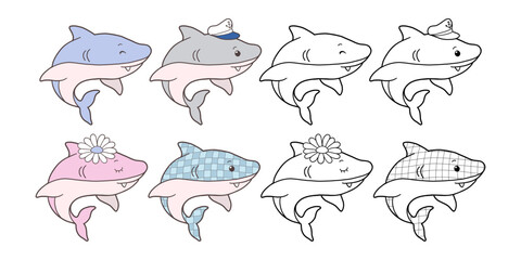 Set of Groovy Sea Animal Collection Vector, Hand Drawn Shark Color and Outline Coloring Page for Book Animals for Kids.