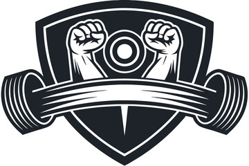 Obraz premium illustration of a rough strong clenched hand fist holding lifting a barbell or dumbbell. weight lifting gym fitness sport club vintage retro emblem badge label logo design