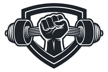 illustration of a rough strong clenched hand fist holding lifting a barbell or dumbbell. weight lifting gym fitness sport club vintage retro emblem badge label logo design