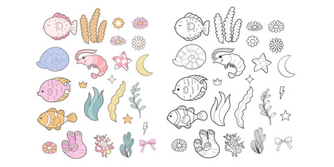 Set of Under the Sea Collection Vector, Hand Drawn Shrimp, Sea Shell, Sea Fish, Seaweed and Coral Color and Outline Coloring Page or Book Animals for Kids.