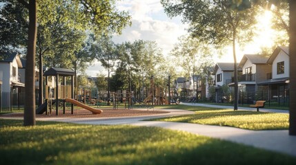 Obraz premium Children Play at Playground in Suburban Neighborhood at Sunset with Green Grass and Trees. Community Living.