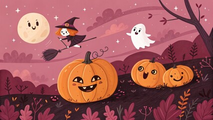 Whimsical Halloween Night Witch, Ghost and Pumpkins, Digital Painting, Cute Illustration Halloween, Pumpkin, Digital Art