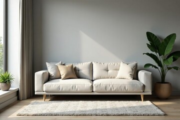 Modern gray living room with beige sofa, textured rug, and succulent plants, neutral colors, minimalist, home decor