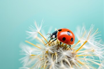 Obraz premium Ladybug on dandelion against soft turquoise background.