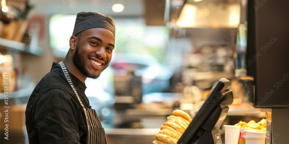 Poster a fast food employee smiling while taking orders at the counter