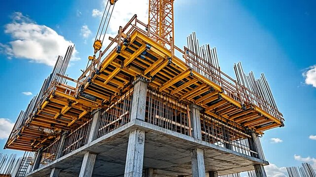 Construction site, skyscraper under construction, yellow scaffolding, sunny day. Possible use Stock photo for architecture, construction, and building projects