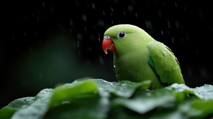 Green parrot perched on wet leaves during rain