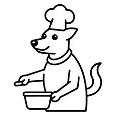 Dog chef cooking in a pan line art vector illustration
