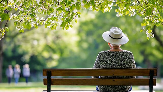 An elderly lonely woman with a white hat sits peacefully on a park bench under a blooming tree, enjoying a moment of calm surrounded by spring nature