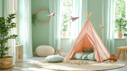 Pastel playroom with teepee, toys, and natural light.