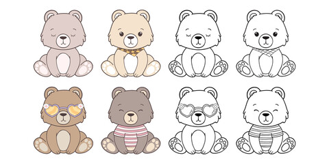 Set of Groovy Woodland Animal Collection Vector, Hand Drawn Bear Color and Outline Coloring Page for Book Animals for Kids.