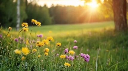 Fototapeta premium Sunset Meadow Wildflowers Summer Nature Landscape