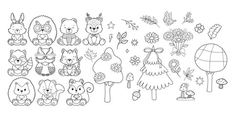 Fototapeta premium Set of Groovy Woodland Animal Collection Vector, Hand Drawn Bear Rabbit Skunk Racoon Squirrel Bear Deer Hedgehog Owl and Tiger Outline.