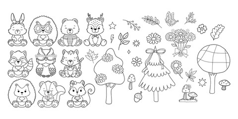 Set of Groovy Woodland Animal Collection Vector, Hand Drawn Bear Rabbit Skunk Racoon Squirrel Bear Deer Hedgehog Owl and Tiger Outline.