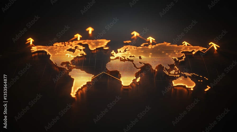 Poster illuminated world map with upward arrows symbolizing global growth and connectivity against a dark b